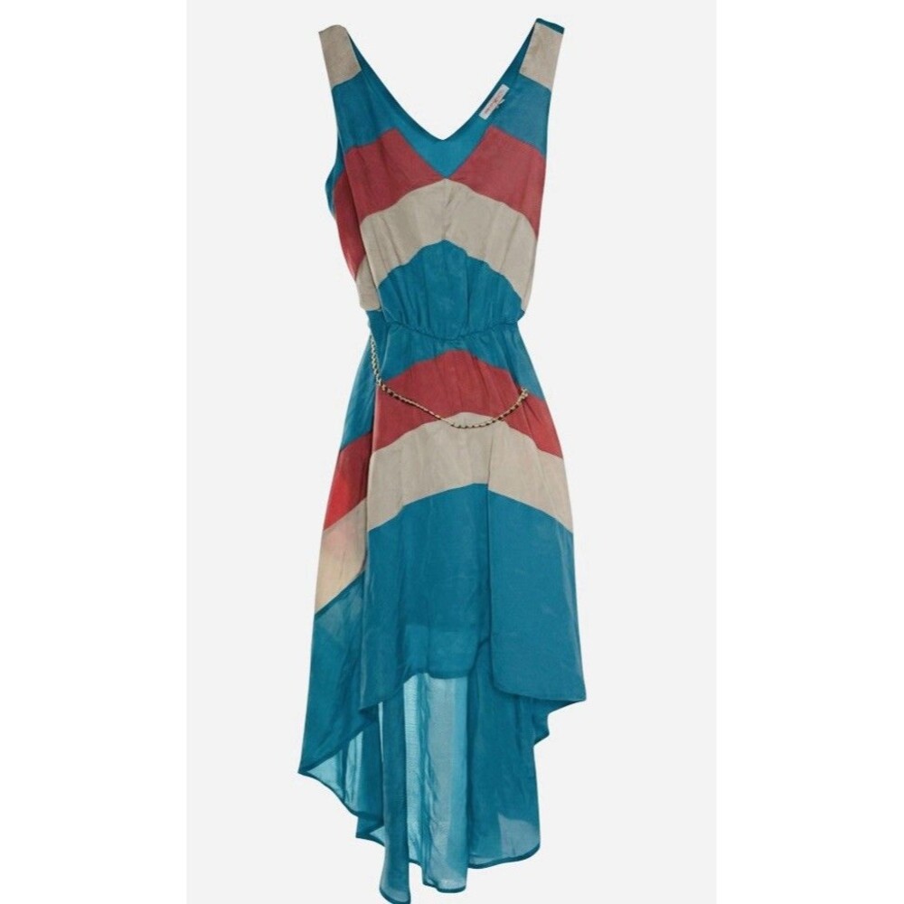 Margo & Sebastian High/Low Belted Dress Sz S Boho Coral/ Turq/Ivory Sundress